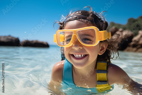 Cute little caucasian girl at outdoors with diving goggles