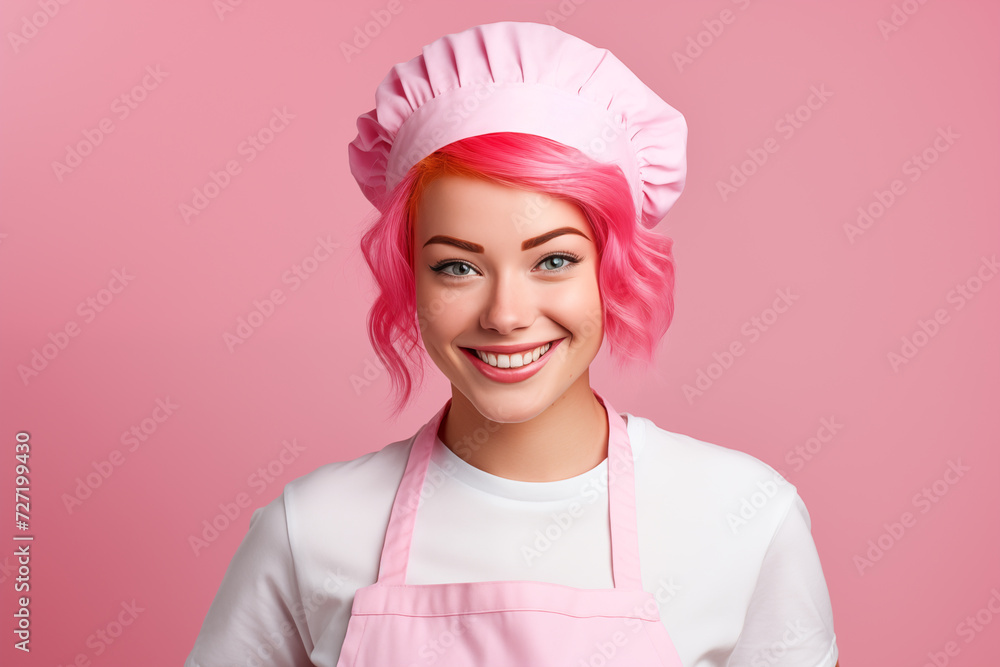 Young pink haired woman over isolated colorful background with waiter uniform Young pink haired woman over isolated colorful background with waiter uniform