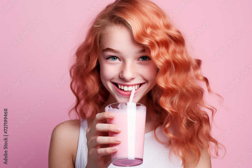 Young pink haired woman over isolated colorful background with strawberry milkshake Young pink haired woman over isolated colorful background with strawberry milkshake