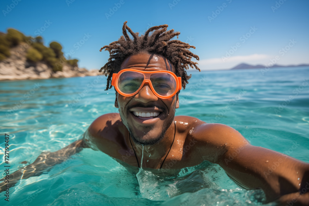 Naklejka premium Young African American man with diving goggles