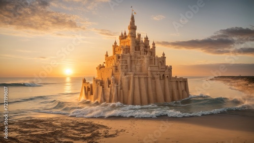 As the sun sets over the ocean,a sandcastle is revealed, complete with intricate details and a moat of frosting
