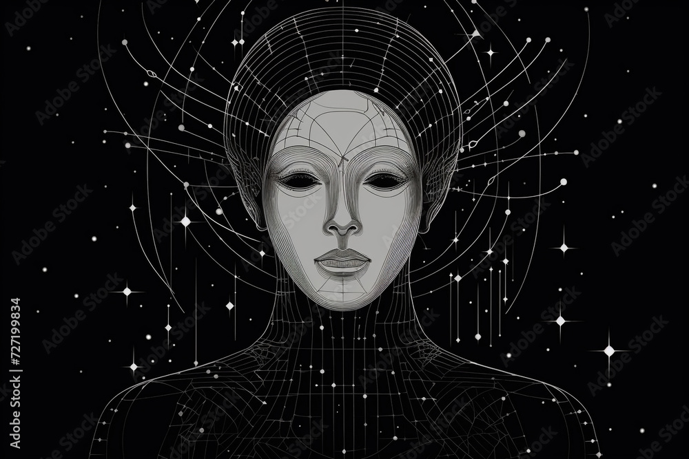 Fine-art portrait concept. Abstract and surreal dreamlike beautiful woman minimalist portrait. Sketch, three dimensional, tiny detailed drawing style. Black and white image Fine-art portrait concept. Abstract and surreal dreamlike beautiful woman minimalist portrait. Sketch, three dimensional, tiny detailed drawing style. Black and white image