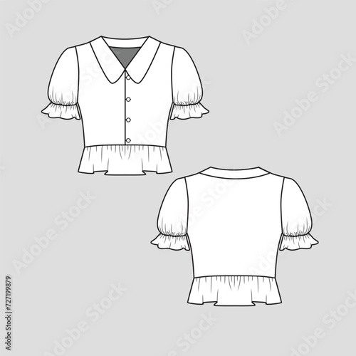 Collar Neck Ruffles Peplum Top button panel  gathering Sleeve Frill hem Top blouse Fashion flat sketch technical drawing template