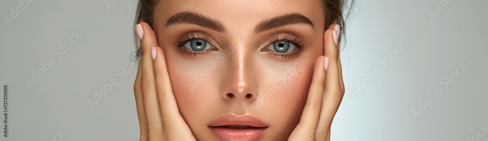 Fototapeta premium A captivating portrait featuring a woman modeling makeup, ideal for promoting face wash products, her hand delicately touching her fresh face.