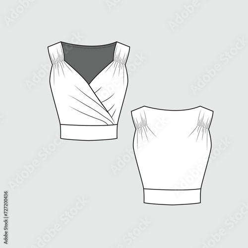 Criss cross shoulder ruched crop top sleeveless Shoulder shirred gathering panel hem cropped t shirt top blouse fashion flat Sketch technical drawing template design vector