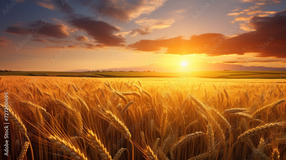 wheat field in golden sunlight, in the style of light orange and azure, nature morte, photo-realistic landscapes wheat field in golden sunlight, in the style of light orange and azure, nature morte, photo-realistic landscapes