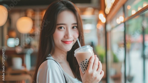 woman drinking bubble tea in cafe, Beverage and food concept, Happy asian young woman holding plastic cup, glass of drink bubble, pearl milk tea with straw, cute girl drinking popular ice cold tea