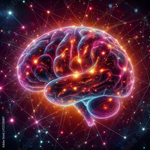 Detailed image of brain, neon lights, constellations, hd, 4k