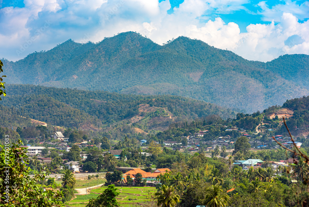 The small town of Mae La Noi on the route of the Mae Hong Son Loop in the mountains of Northern Thailand. The town lies in a fertile valley of the Thanon Thong Chai Range on the Mae La Noi river