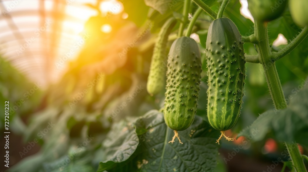 Obraz premium Growing cucumber harvest and producing vegetables cultivation. Concept of small eco green business organic farming gardening and healthy food