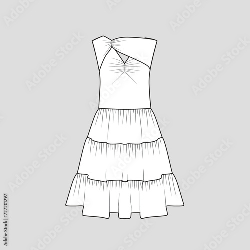 Fashion Ruched Sleeveless Tiered Fashion Dress  Waist Gathering Dresses flat sketch technical drawing template design vector