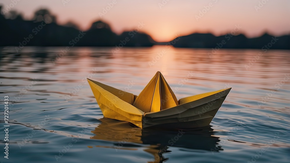 A paper boat toy close up on the water at dusk