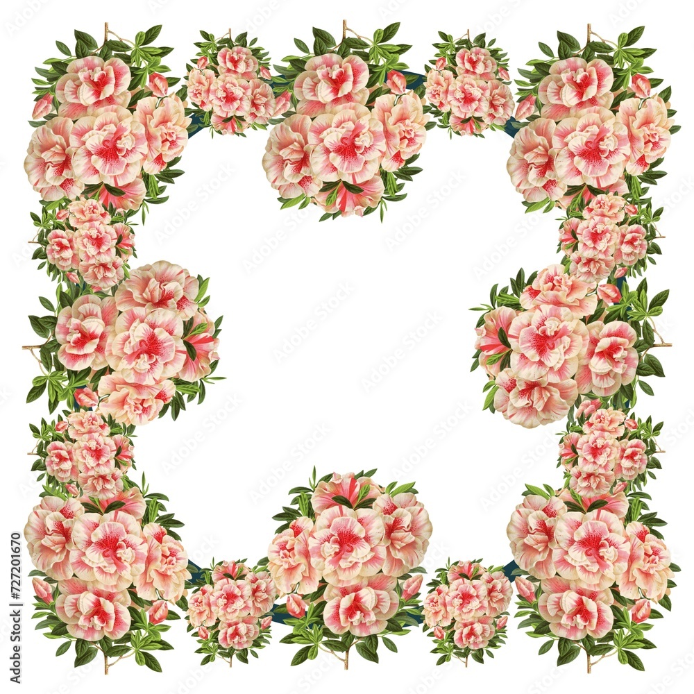 Vintage flowers on white isolated background square frame of azalea flowers