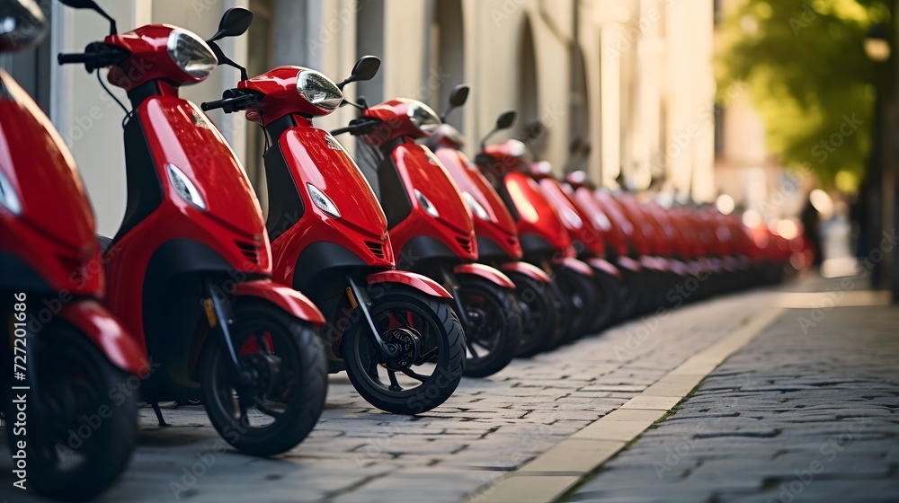 Convenient Rental Services Offer A Lineup Of Sleek, Red Electric Scooters. Сoncept Sustainable Transportation, Easy Commuting, Red Electric Scooters, Convenient Rental Services
