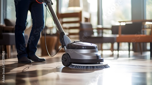A Man Using a Floor Cleaning Machine to Clean the Floor