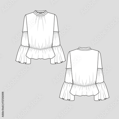 Frill Neck Ruffle Bell Sleeve Top  frills neckline waist gathering detail ruffles bell sleeve Fashion T shirt top blouse flat sketch technical drawing template design vector