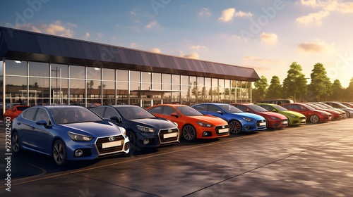 Digital visualization of a typical car dealer's stock lot. The scene is brimming with various cars, each with distinct features and designs 
