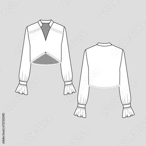Frills gathering ruffles crop top notch neck short collar high low dip hem Gathering long Sleeve cropped  fashion t shirt top blouse flat sketch technical drawing template design vector
