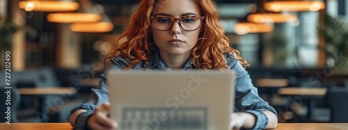 Woman Sitting at Table Using Laptop Computer photo