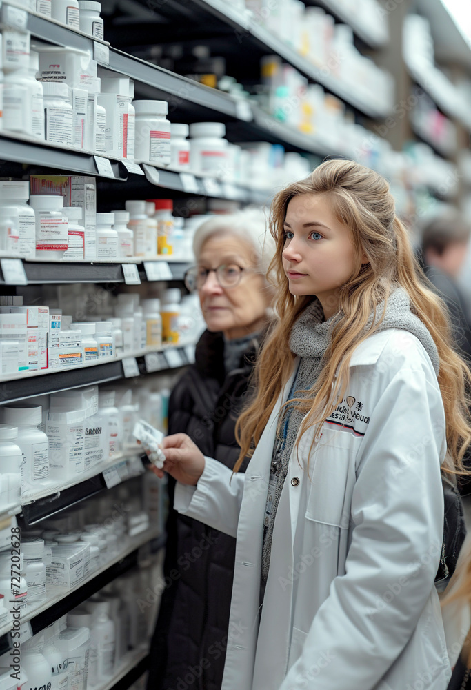 A young pharmacist helping an elderly lady find her medicine.