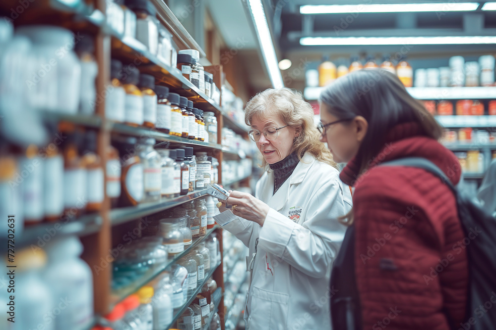 A pharmacist helping a woman with a doctor's prescription.