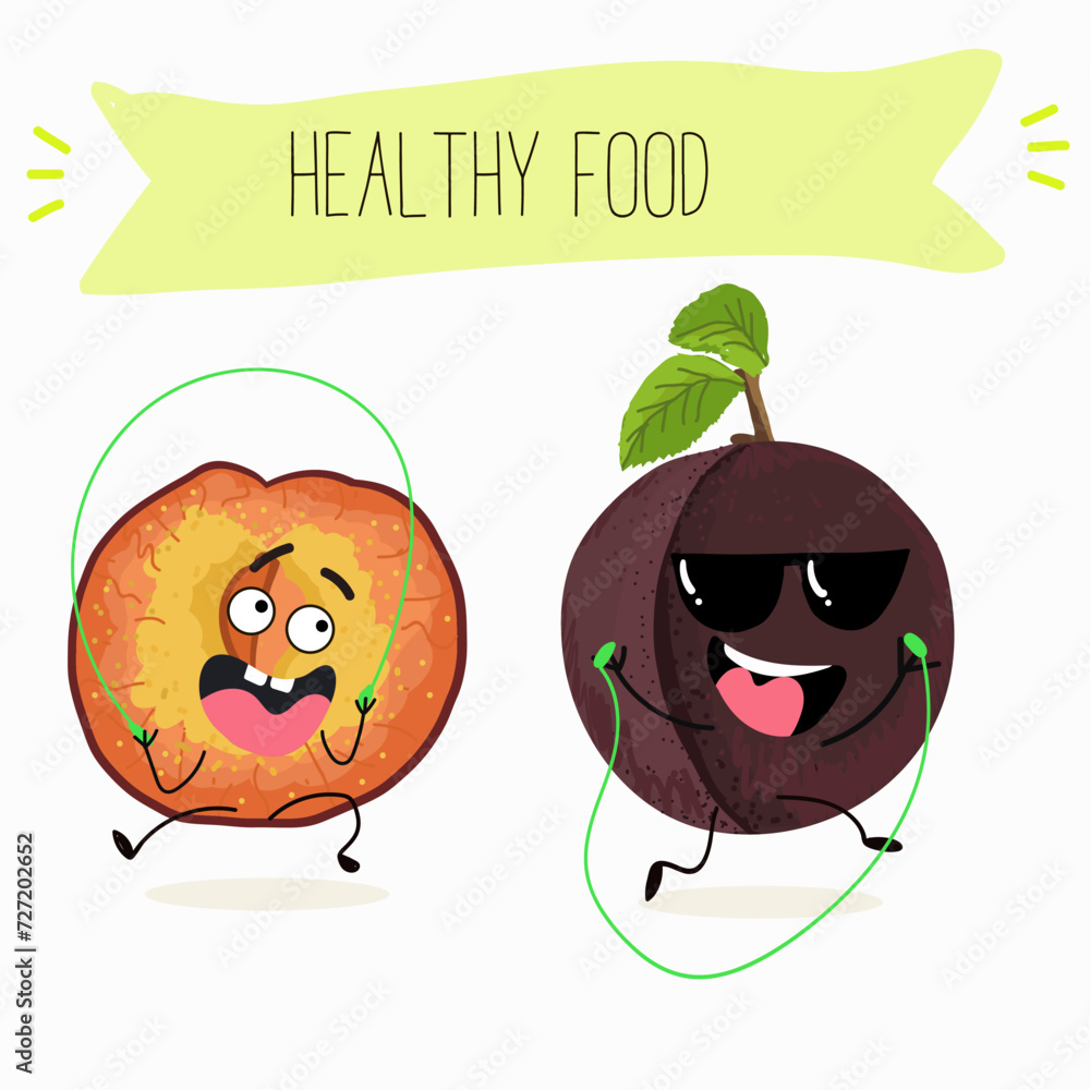 Cute cartoon cherry plum characters with different activities. Flat vector illustration, funny fruits. Organic food. Cute cartoon cherry plum characters with different activities. Flat vector illustration, funny fruits. Organic food.