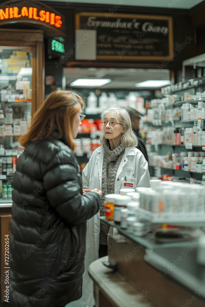 A pharmacist helping a woman with a doctor's prescription.