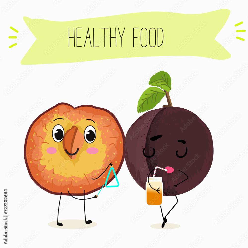 Cute cartoon cherry plum characters with different activities. Flat vector illustration, funny fruits. Organic food. Cute cartoon cherry plum characters with different activities. Flat vector illustration, funny fruits. Organic food.