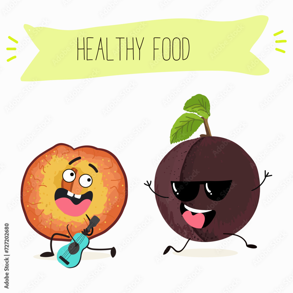 Cute cartoon cherry plum characters with different activities. Flat vector illustration, funny fruits. Organic food. Cute cartoon cherry plum characters with different activities. Flat vector illustration, funny fruits. Organic food.