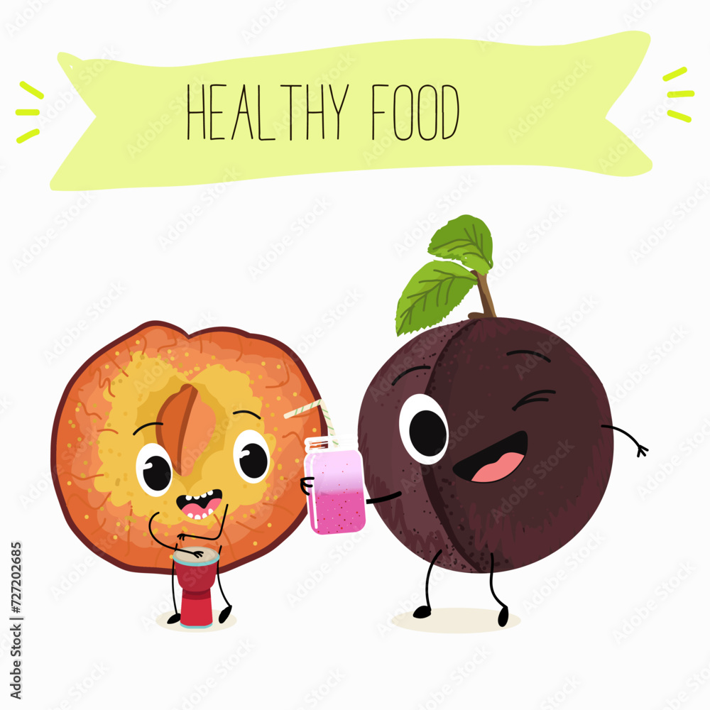 Cute cartoon cherry plum characters with different activities. Flat vector illustration, funny fruits. Organic food. Cute cartoon cherry plum characters with different activities. Flat vector illustration, funny fruits. Organic food.