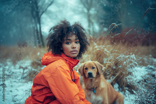 A girl with her dog in the snowy field..