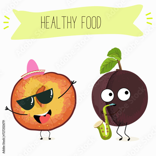 Cute  cartoon cherry plum characters with different activities. Flat vector illustration, funny fruits. Organic food.