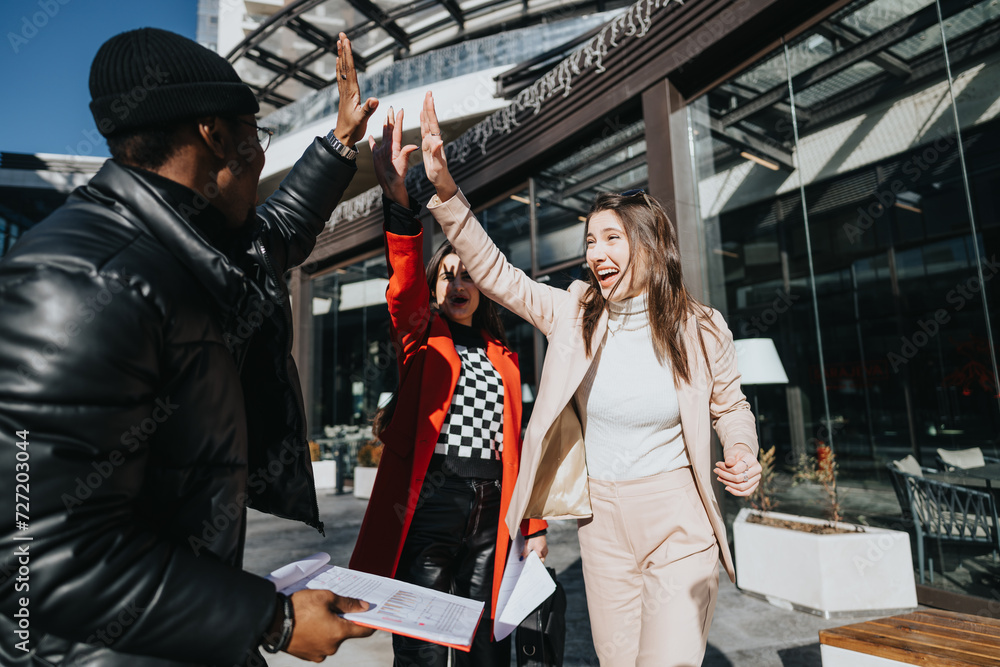 Joyful multiracial business teammates celebrating successful project outside office building.