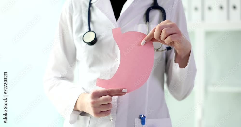 Doctor is holding pink paper form of large intestine. Treatment and prevention of constipation and diarrhea Doctor is holding pink paper form of large intestine. Treatment and prevention of constipation and diarrhea
