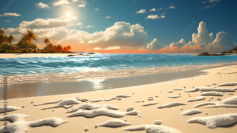 Sandy beach with light blue transparent water waves and sunlight, tranquil aerial beach scene Sandy beach with light blue transparent water waves and sunlight, tranquil aerial beach scene