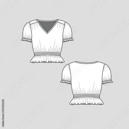 Gathering Ruffles Frill Sleeve Crop top V neck Waist panel zig zag stitches Gathering Ruffle hem Short Sleeve  fashion t shirt top blouse flat sketch technical drawing template design vector
