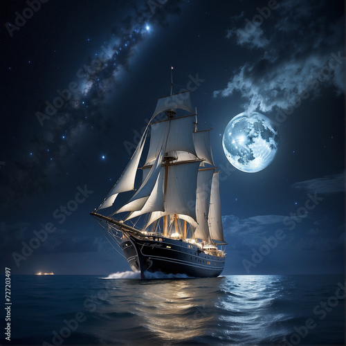 In the velvety darkness of the night, a sleek and ethereal satellite schooner glides gracefully through the celestial sea. This cinematic environmental portrait photograph captures the vessel's noctur
