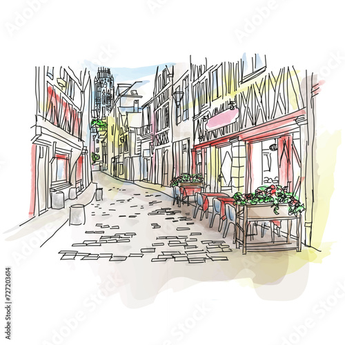 Street in Rouen, Normandy, France. Architecture and landmarks of Rouen. Vector illustration for travel magazine, poster, post card, social media