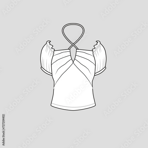 Halter Neck top  neck knife pleat detail gathering Sleeve frill detail fashion t shirt top blouse flat sketch technical drawing template design vector