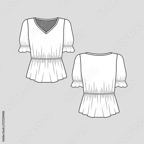 Gathering Ruffles Top V Neck waist gathering Puff gathering Short Sleeve frill  fashion t shirt top blouse flat sketch technical drawing template design vector