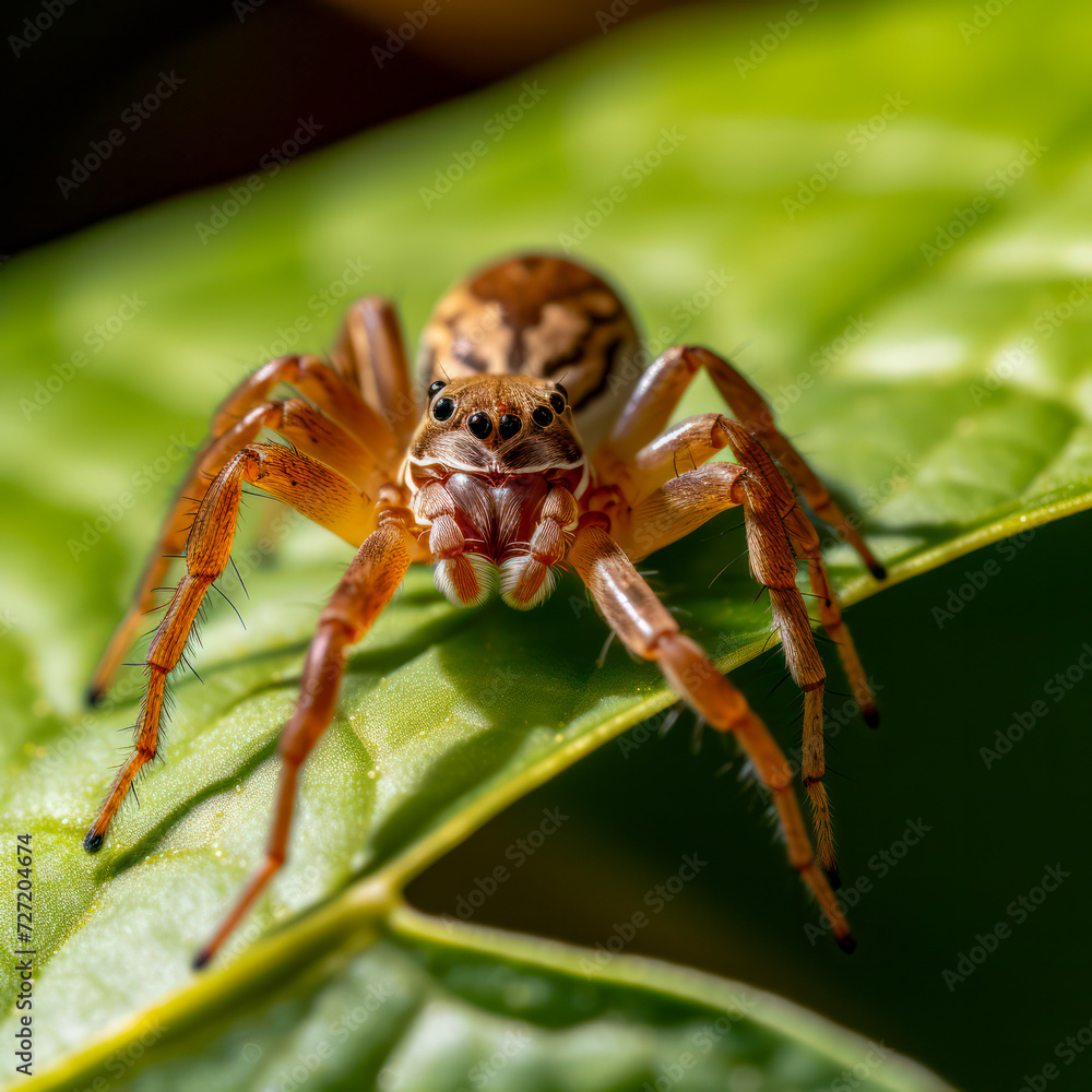 lifestyle photo small brown spider macro on a leaf. lifestyle photo small brown spider macro on a leaf.