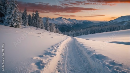 A winter scene with a snow-covered trail in the mountains at dawn © Izhar