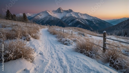A winter scene with a snow-covered trail in the mountains at dawn