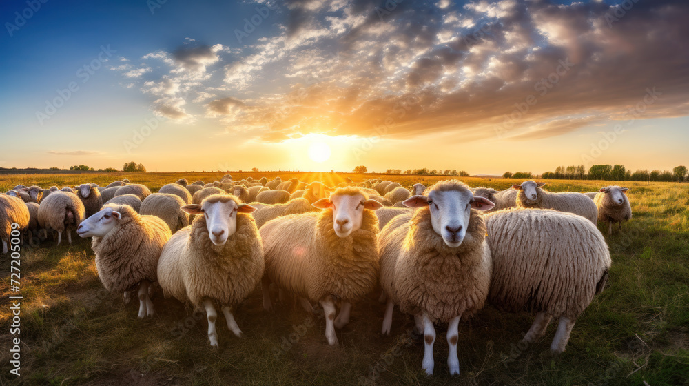 Closeup of a sheep with sheep herd in the field in the warming light of sunrise. Closeup of a sheep with sheep herd in the field in the warming light of sunrise.