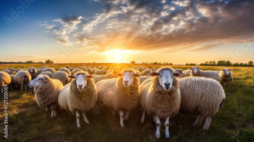 Closeup of a sheep with sheep herd in the field in the warming light of sunrise.