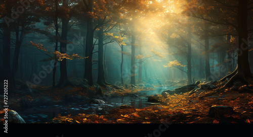  Beautiful autumn forest scene with sunshine passing through some trees. photo