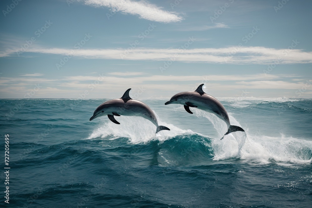 Dolphins arc gracefully over the ocean divide, a spectacle of nature's agility and playfulness beneath the open sky Dolphins arc gracefully over the ocean divide, a spectacle of nature's agility and playfulness beneath the open sky