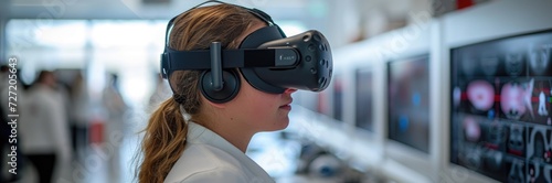 Scientists collaborating in a virtual reality environment, designing a new enzyme