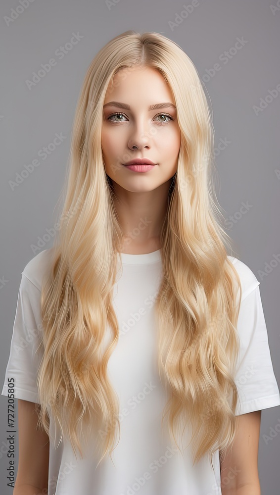 a young lady isolated against a white background with long, straight, silky blonde hair