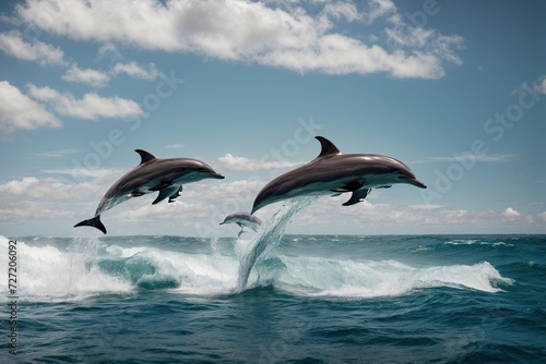 Dolphins arc gracefully over the ocean divide  a spectacle of nature s agility and playfulness beneath the open sky